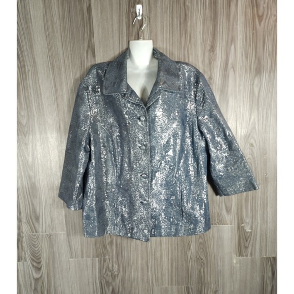 Alfred Dunner Blue Silver Metallic Floral‎ Blazer 3 Button Collared Jacket 16W